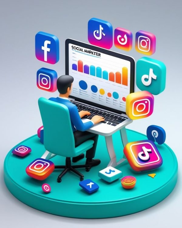 A stylized 3D render illustrating social media…
